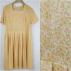 Vintage 70s Homemade Women's Yellow Floral Midi Dress Summer Prairie Farmcore
